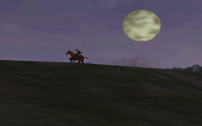 Link and Epona ride across a dark horizon below a full moon in this moody shot from Ocarina of Time.
