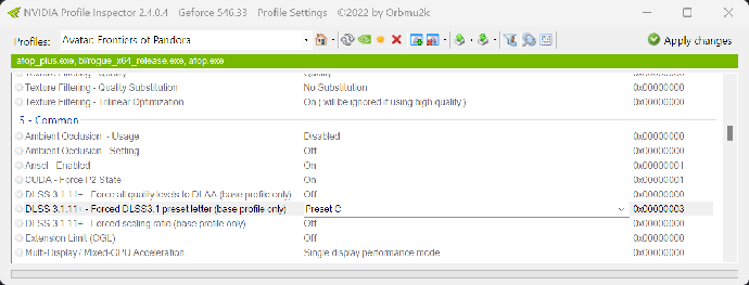 nvidia profile inspector for avatar showing preset c engaged
