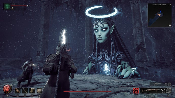 A giant blue elfen creature towers over you in Remnant 2. Her halo glows.
