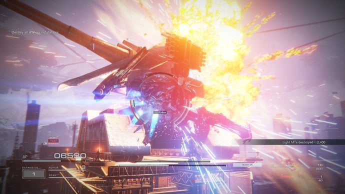 Armored Core 6 screenshot, showing a huge artillery piece exploding.