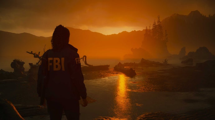 Saga Anderson looks out over Cauldron Lake as the sunsets in Alan Wake 2. She is wearing an FBI jacket, and has her hair tied back in a ponytail.