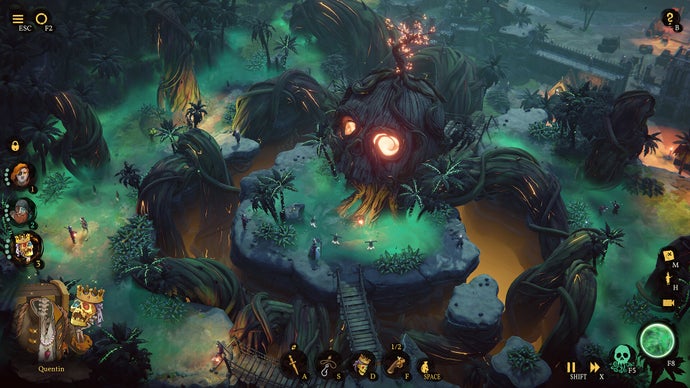 Shadow Gambit screenshot from aerial view showing a skull-shaped rock formation with green spooky smoke around it on a tropical island area.