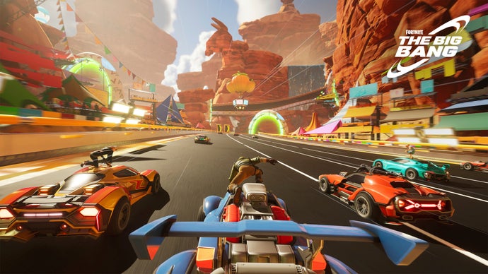 Fortnite takes to the race track in Rocket Racing, an arcade mode shown in this screenshot from the Big Bang live event.