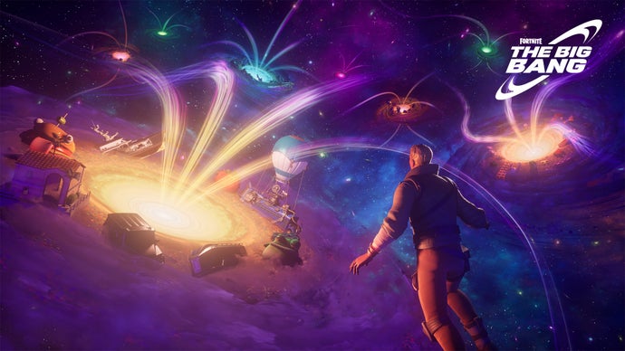 Fortnite's Big Bang live event screenshot showing the player hovering above a universe of galaxies, each representing a new mini-game experience.