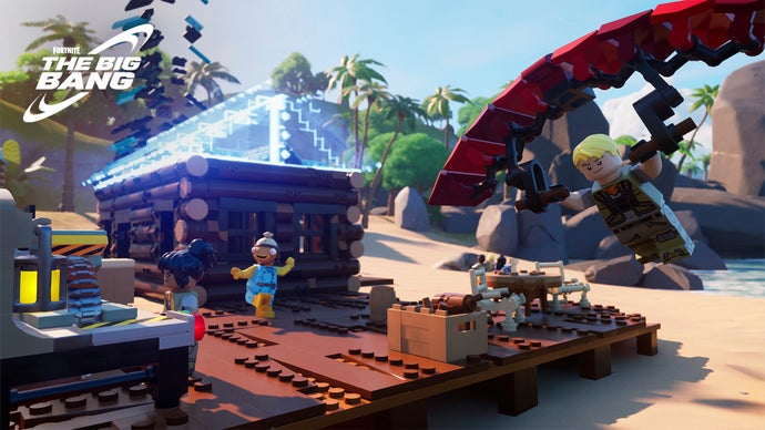 Fortnite Lego screenshot showing a Lego Fishstick character building a house.
