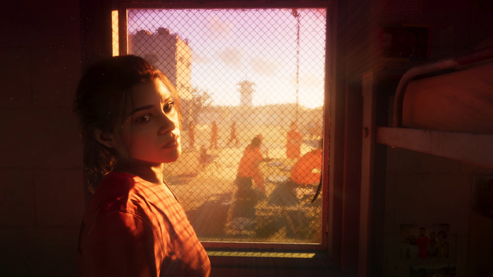 GTA 6 main character Lucia looks longingly out a prison cell window at the world beyond.