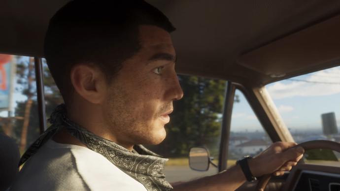 GTA 6's male protagonist behind the wheel of a car.