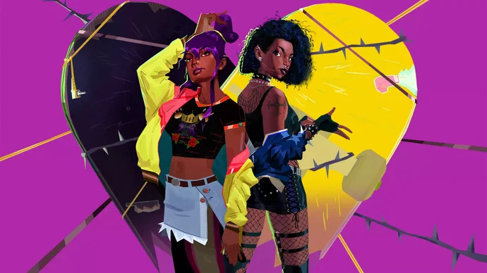 Thirsty Suitors artwork showing two main characters back to back in front of a yellow and black loveheart, with a bright purple-pink background.
