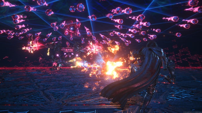 Clive against bullet hell from a mechanical boss in Final Fantasy 16 DLC