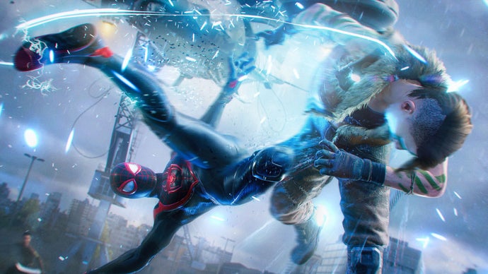 Miles Morales as Spider-Man in Marvel's Spider-Man 2 using his aerial combat skills to take down one of Kraven's hunters