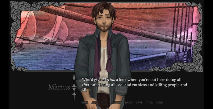 An ocean voyage scene from fantasy visual novel Amarantus, in which Màrius moans that you, Arik, are unintentionally thwarting his romantic advances on another character.