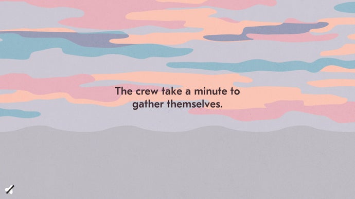 A title card from Saltsea Chronicles. Against a shifting sky, the text reads: The crew takes a minute to gather themselves.