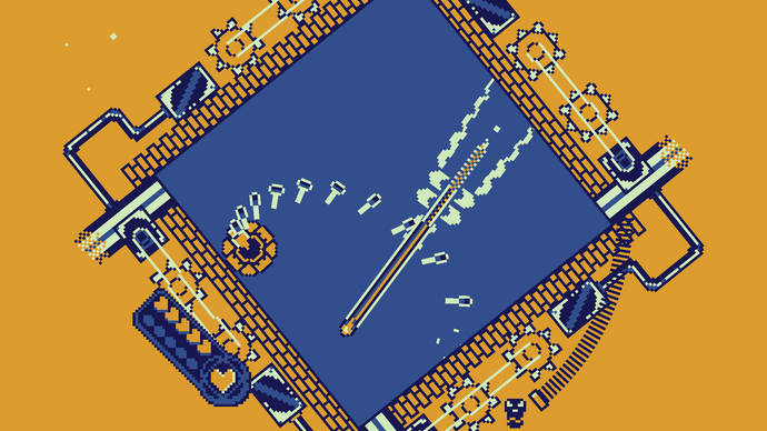Roto force review screenshot - a blue square contains you and your missiles, in front of a mustard yellow background