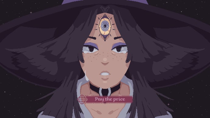 Cosmic Wheel Sisterhood screenshot showing Fortuna in pixel art centre-frame, staring at the camera with tears in her eyes. She wears deep purple, with purple eye shadow and a third eye in her forehead.