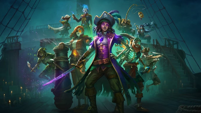 An illustration showing all eight members of the Red Marley's undead crew gathered together in a heroic pose. Fearless female pirate Afia Manicat stands front and centre, glowing spectral sword in hand.