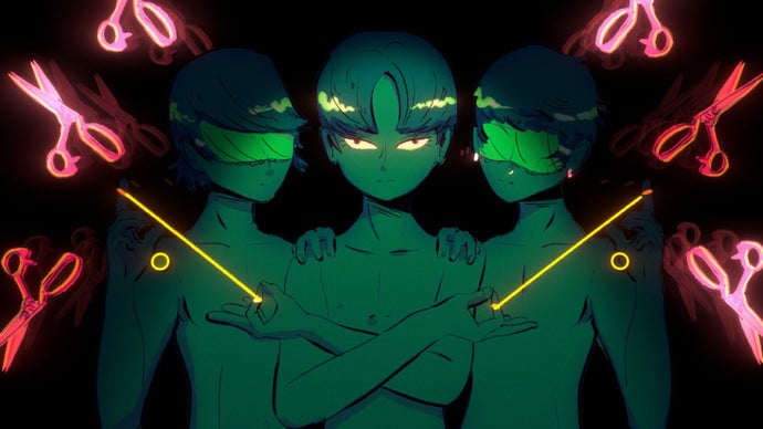 An illustration from Mediterranea Inferno showing three naked young men, viewed from the waist up, bathed in a sinister green light as neon pink scissors dance around them. Mida stares out in the middle, golden threads stretching from the fingers of his crossed arms, while Claudio and Andrea stand either side behind him, both wearing blindfolds.