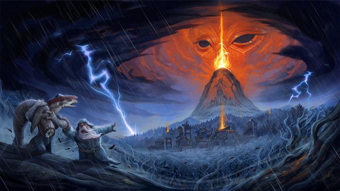 Against the Storm key art showing two settler characters in the foreground fleeing a massive storm and evil looking volcano in the distance.