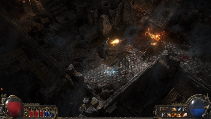 A diagonal-down screenshot showing the Mercenary character fighting in Path of Exile 2. They use a crossbow that functions a bit like guns in shooter games. Here, they fight amidst a dark, cobbled, crumbling town.