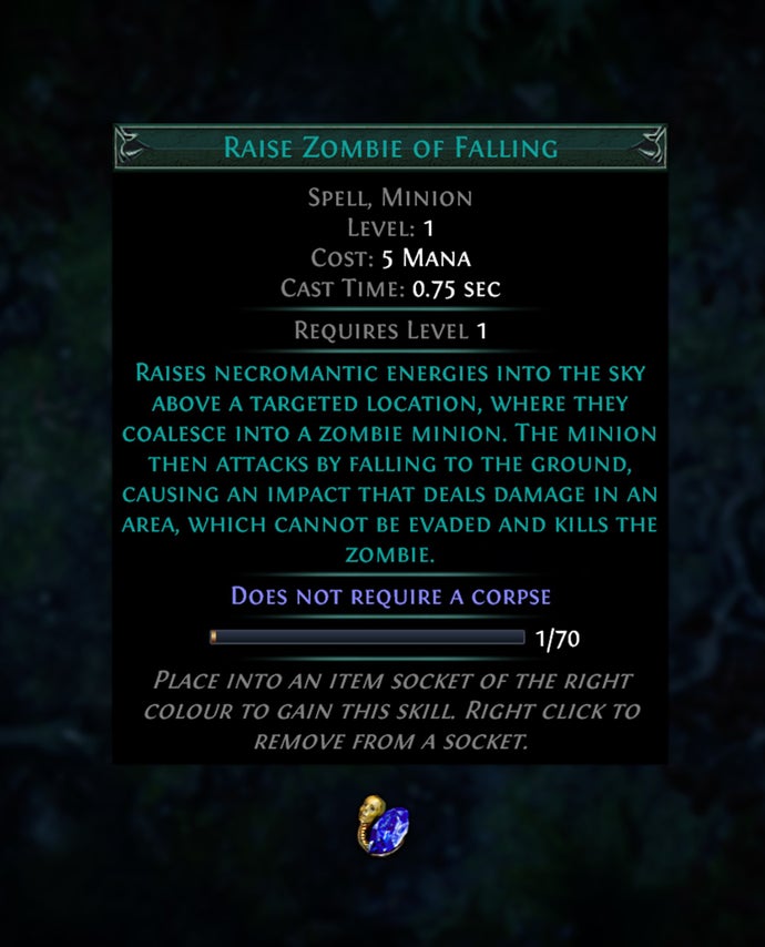 A text box from Path of Exile 1 showing the ability "Raise Zombie of Falling", which essentially creates a zombie in the sky that then crashes down into the earth and damages anyone it hits. Like a meteor. A fleshy zombie meteor.