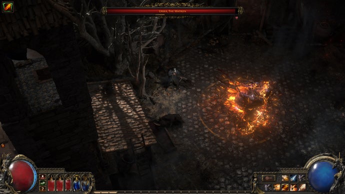 A diagonal-down screenshot showing the Mercenary character fighting in Path of Exile 2. They use a crossbow that functions a bit like guns in shooter games. Here, they fight amidst a dark, cobbled, crumbling town.