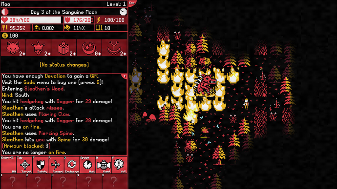 Moonring official screenshot showing a red devil in a flaming forest on the right, and box of text on the left, in retro black-background style.