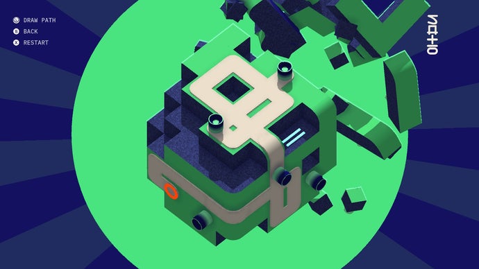 A puzzle level that forms a looping track over several faces of a knobbly cube in this screen from Rytmos.
