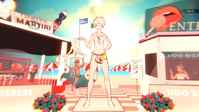A bleached, dream-like illustration from Mediterranea Inferno showing a blond young man, Andrea, standing facing the camera at the entrance to a beautiful beach; he wears a sailor's collar and a chastity belt in the shape on a heart. A games arcade is visible to his left, a manned information kiosk lies to his right, and the sky, ocean, and a scattering of red and white parasols are visible behind him.