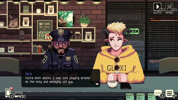 Coffee Talk 2 review - screenshot showing a cop talking to an awkward goat-person in an orange hoodie