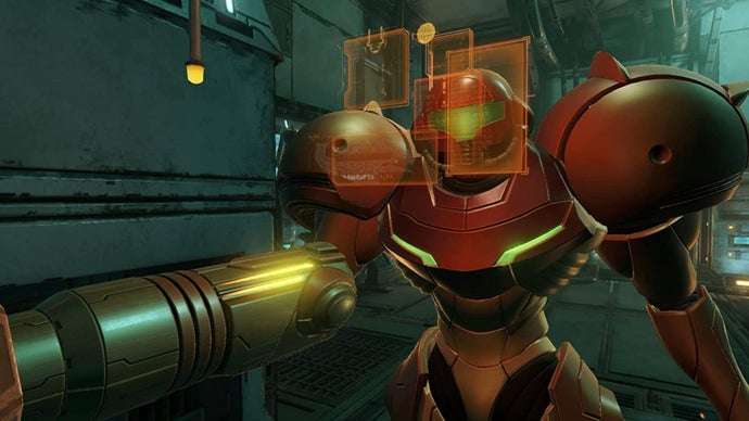 Samus stares into a holographic interface in this screenshot from Metroid Prime: Remastered.
