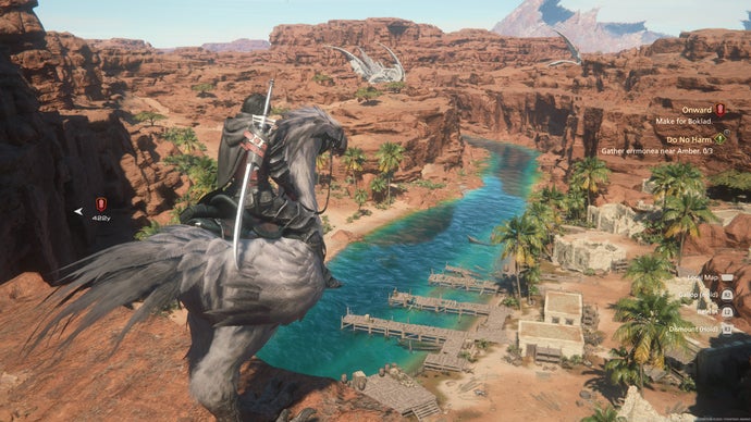 Clive, the main character of Final Fantasy 16, mounted on a Chocobo gazing out over a bright turquoise river in the desert.