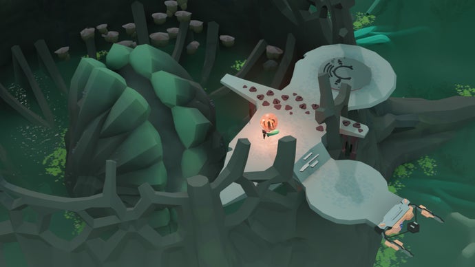 The player character placing a world marble to activate a mechanism in Geometric Interactive's Cocoon.