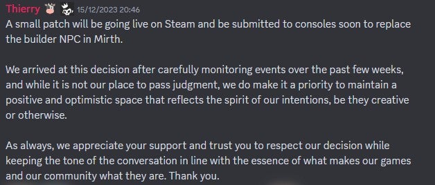 Discord message from Sabotage Studio co-founder Thierry Boulanger on the replaced builder NPC
