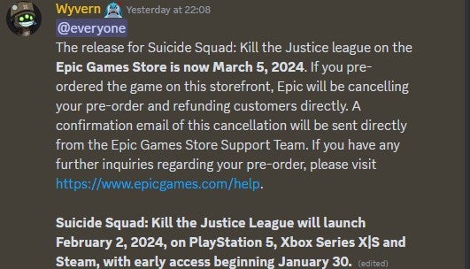 Rocksteady's announcement of the delay for Suicide Squad: Kill the Justice League on the Epic Games Store