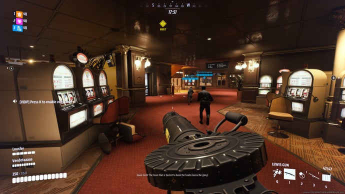 A screenshot of the Finals, depicting the player running through a casino lined with slot machines.