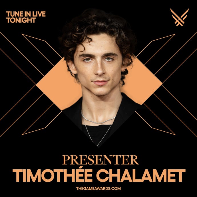 The Game Awards graphic from the announcement Timothée Chalamet would present the Game of the Year award. Chalamet's headshot is in the centre of a black and orange visual.