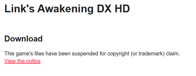 Link's Awakening DX HD message showing the copyright claim by Nintendo