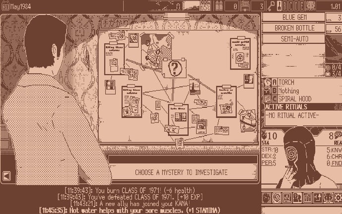 A screenshot from World of Horror showing a playable character studying a noticeboard pinned with reports of mysterious incidents happening around town.