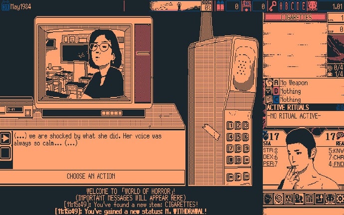A screenshot from World of Horror showing a TV news report. A woman can be seen on the television screen, and the caption beneath reads, "We are shocked by what she did. Her voice was always so calm."