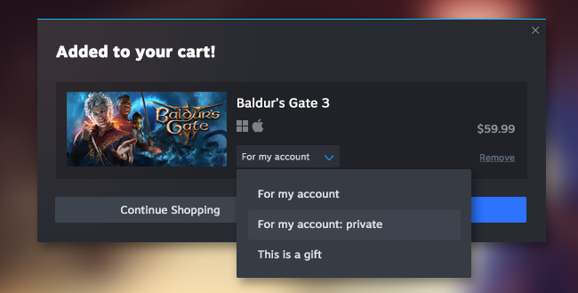 An example of how Steam users will be able to mark their games as private