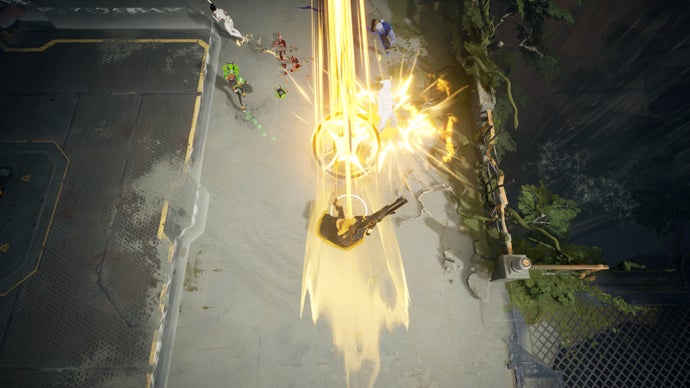 Wakerunners screenshot of character shooting a yellow blast top-down perspective