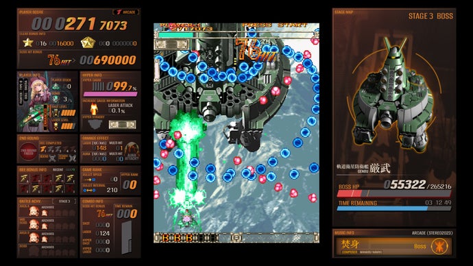 A second screenshot showing gameplay in shooting game DoDonPachi Blissful Death Re:Incarnation’s original arcade mode. The players is trying to shoot down stage 3’s famed turtle-like robotic boss with a laser weapon.