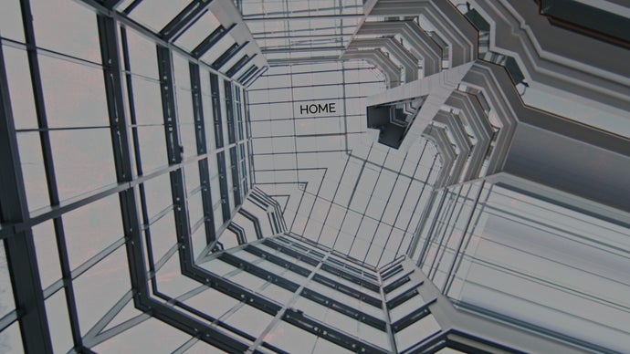 A kaleidoscopic promotional image for Sam Barlow's mysterious Project D showing the fragmented inside of a tall glass building superimposed with the word "home".