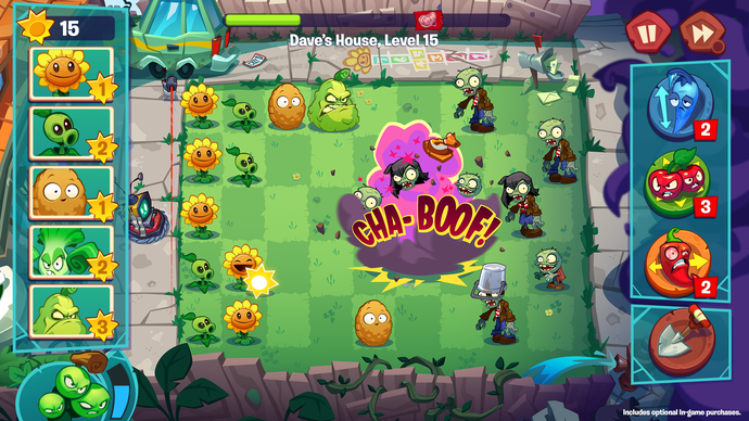 Screenshot of Plants vs Zombies 3 with plants shooting zombies on a garden grid