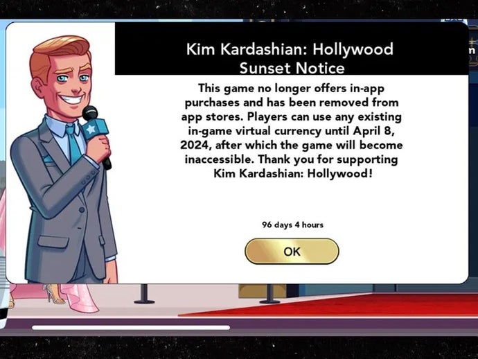 In-game closure notice from Kim Kardashian: Hollywood showing a news anchor character with a mic standing next to a written message.