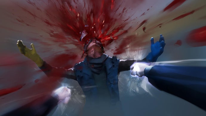 A promotional image for Vampire: The Masquerade - Bloodlines 2 showing blood bursting out of an enemy's head as the player looks on in first-person.