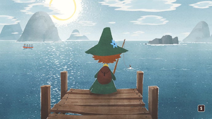 A splash-screen (no pun intended) image from Snufkin: Melody of Moominvalley, in which Snufkin sits on the end of a jetty, looking out onto a flat lake that's glittering with sunlight, and he begins to fish.