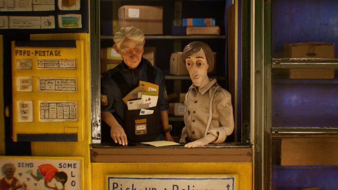 Two stop-motion models of men stand behind the window of a post office counter. It's all dinky and handmade, with squiggled writing and many letters giving the place character.
