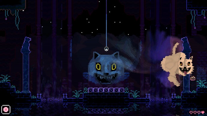 Two creepy, pixelated illusions, almost, of cats form in the background of a 2D platforming level. They're smiling but it's unsettling for sure.