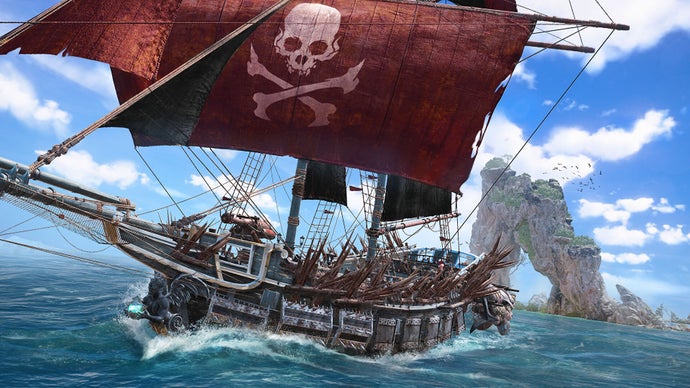 A promotional image for Skull and Bones showing a large wooden ship with crimson sails racing across the ocean beneath bright blue skies.