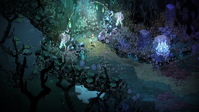 Hades 2. A glowing character stands in a clearing in a forest... of some kind. There's an otherworldly feel to it.